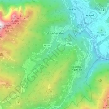 Mappa topografica Voltago Agordino, altitudine, rilievo