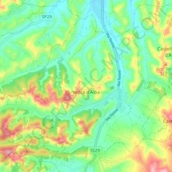 Mappa topografica Vezza d'Alba, altitudine, rilievo
