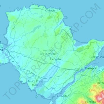 Mappa topografica Anglesey, altitudine, rilievo