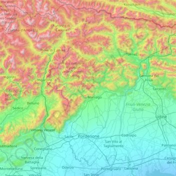 Mappa topografica Prealpi Carniche, altitudine, rilievo