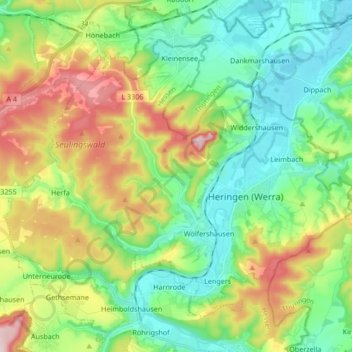 Mappa topografica Heringen (Werra), altitudine, rilievo