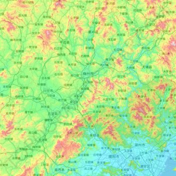 Mappa topografica 梅州市, altitudine, rilievo