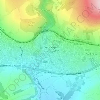 Mappa topografica Ivybridge, altitudine, rilievo
