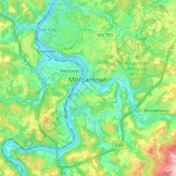 Mappa topografica Morgantown, altitudine, rilievo