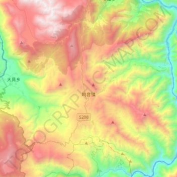 Mappa topografica 鸣音镇, altitudine, rilievo
