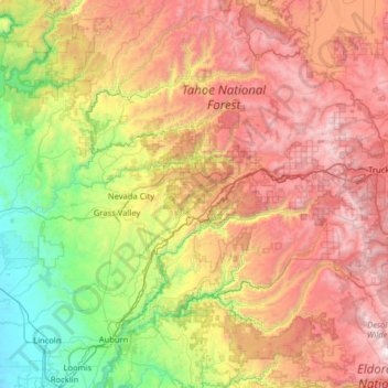 Mappa topografica Nevada County, altitudine, rilievo