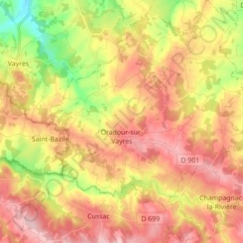 Mappa topografica Oradour-sur-Vayres, altitudine, rilievo