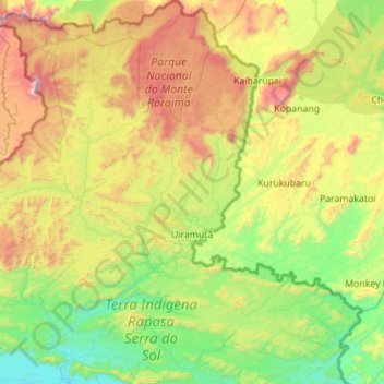Mappa topografica Uiramutã, altitudine, rilievo