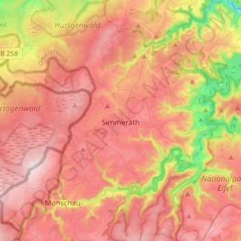 Mappa topografica Simmerath, altitudine, rilievo