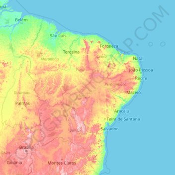 Mappa topografica Região Nordeste, altitudine, rilievo
