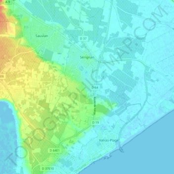 Mappa topografica Sérignan, altitudine, rilievo