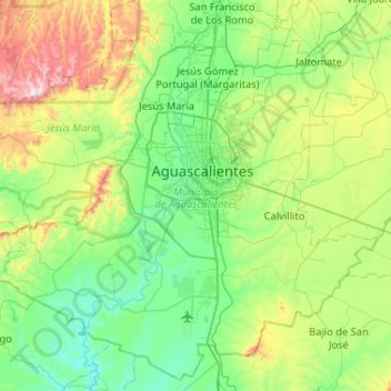Mappa topografica Municipio de Aguascalientes, altitudine, rilievo