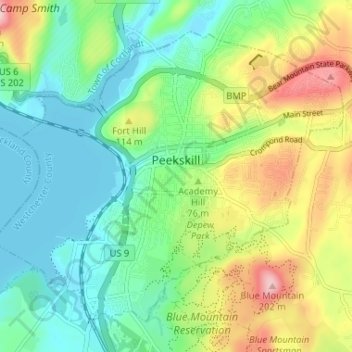 Mappa topografica City of Peekskill, altitudine, rilievo