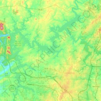 Mappa topografica Allatoona Lake, altitudine, rilievo