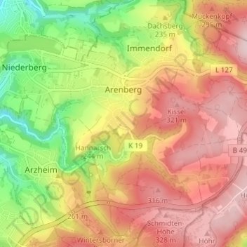 Mappa topografica Arenberg, altitudine, rilievo