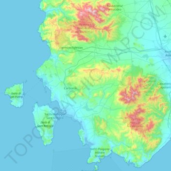 Mappa topografica Sulcis Iglesiente, altitudine, rilievo