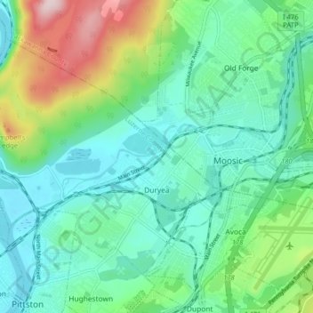 Mappa topografica Duryea, altitudine, rilievo