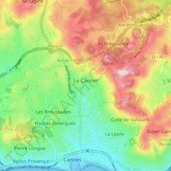 Mappa topografica Le Cannet, altitudine, rilievo