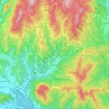 Mappa topografica Valduggia, altitudine, rilievo