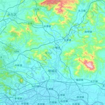 Mappa topografica 增城区, altitudine, rilievo