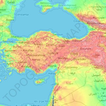 Mappa topografica Anatolia, altitudine, rilievo