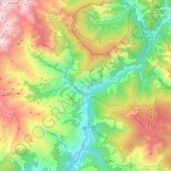 Mappa topografica Sort, altitudine, rilievo