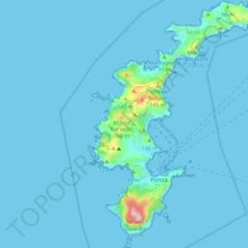 Mappa topografica Isola di Ponza, altitudine, rilievo