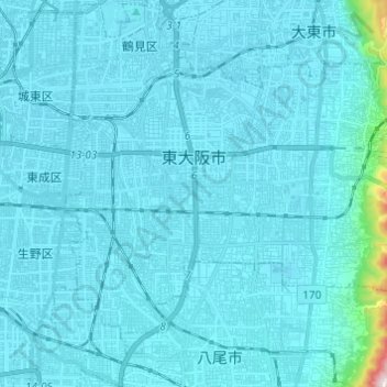 Mappa topografica Higashiosaka, altitudine, rilievo
