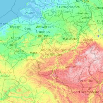Mappa topografica Belgio, altitudine, rilievo