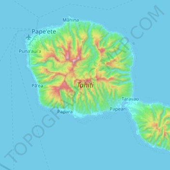 Mappa topografica Tahiti, altitudine, rilievo