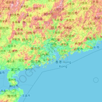 Mappa topografica Guangdong, altitudine, rilievo