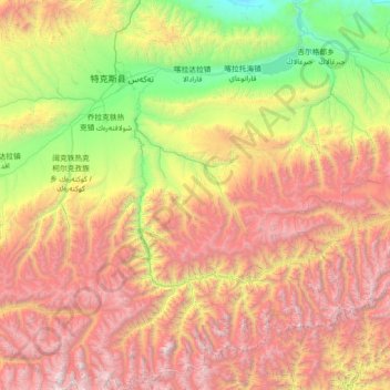 Mappa topografica 特克斯县, altitudine, rilievo