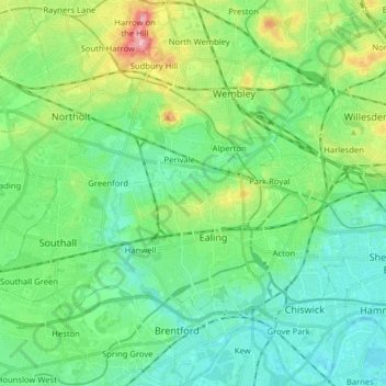 Mappa topografica London Borough of Ealing, altitudine, rilievo