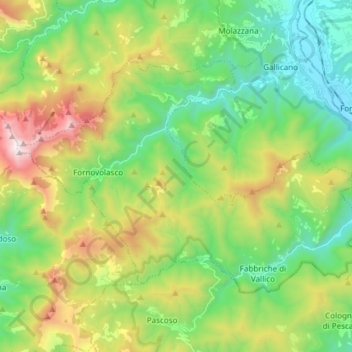 Mappa topografica Fabbriche di Vergemoli, altitudine, rilievo