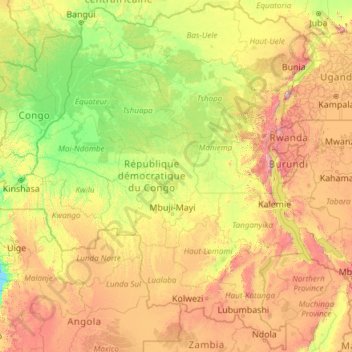 Mappa topografica Repubblica Democratica del Congo, altitudine, rilievo
