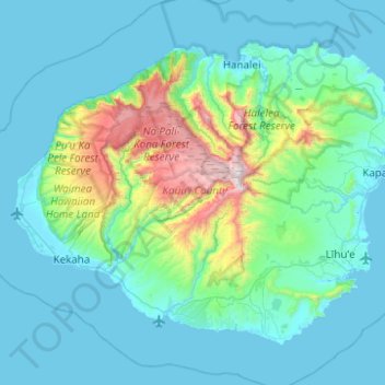 Mappa topografica Kauai, altitudine, rilievo