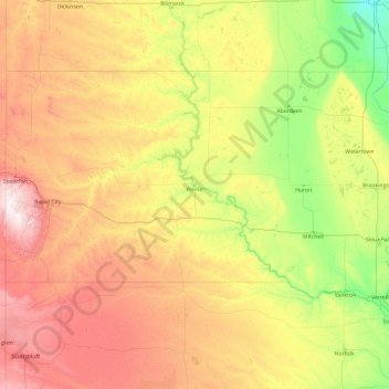Mappa topografica South Dakota, altitudine, rilievo