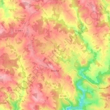 Mappa topografica Troche, altitudine, rilievo