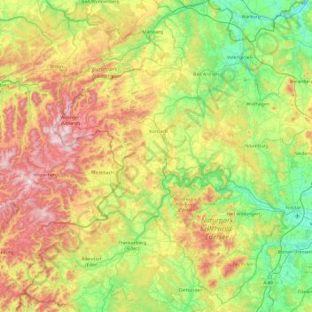 Mappa topografica Landkreis Waldeck-Frankenberg, altitudine, rilievo