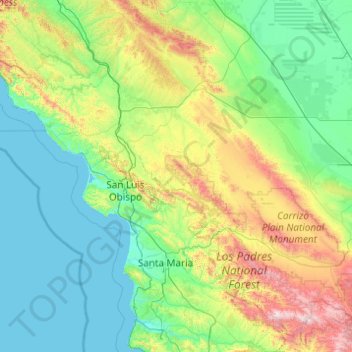 Mappa topografica San Luis Obispo County, altitudine, rilievo