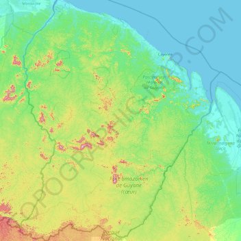 Mappa topografica Frans-Guyana, altitudine, rilievo