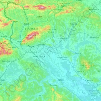Mappa topografica Zagreb County, altitudine, rilievo