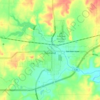 Mappa topografica Eastland, altitudine, rilievo