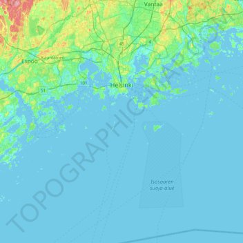 Mappa topografica Helsinki, altitudine, rilievo