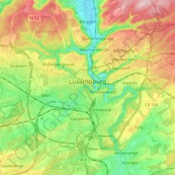 Mappa topografica Lussemburgo, altitudine, rilievo