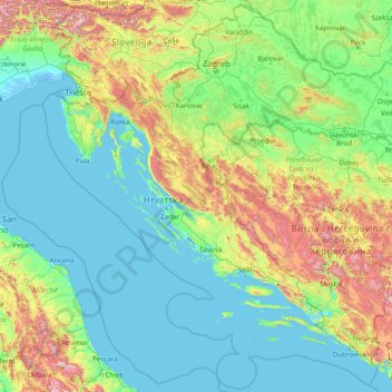 Mappa topografica Croazia, altitudine, rilievo