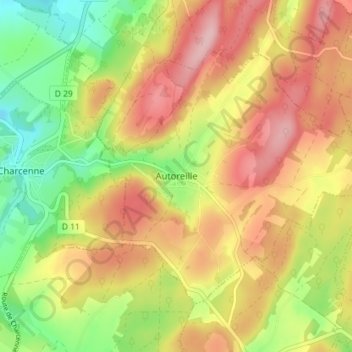 Mappa topografica Autoreille, altitudine, rilievo