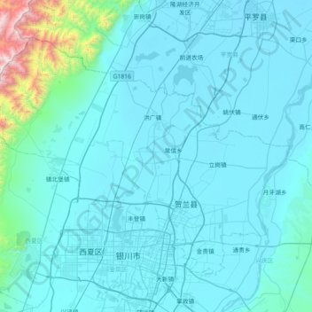 Mappa topografica 贺兰县, altitudine, rilievo