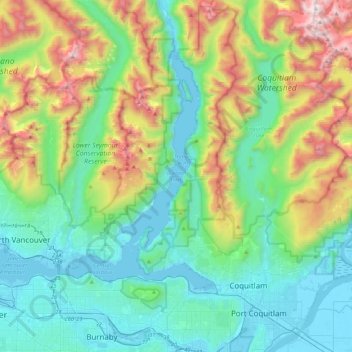 Mappa topografica Burrard Inlet, altitudine, rilievo