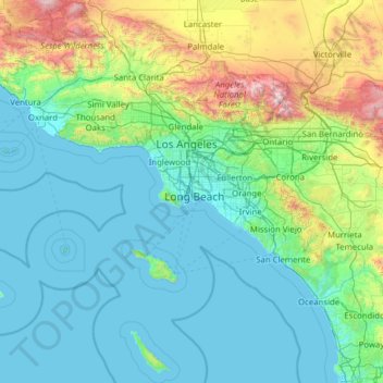 Mappa topografica Los Angeles County, altitudine, rilievo